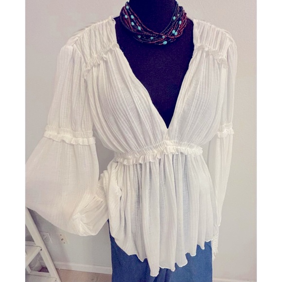 FREE PEOPLE Day Dreaming White Ruffle Balloon Sleeve Top - Picture 4 of 12